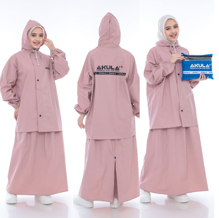 Akula Raincoat Pro - Jas hujan berwarna Dusty Pink dengan model rok